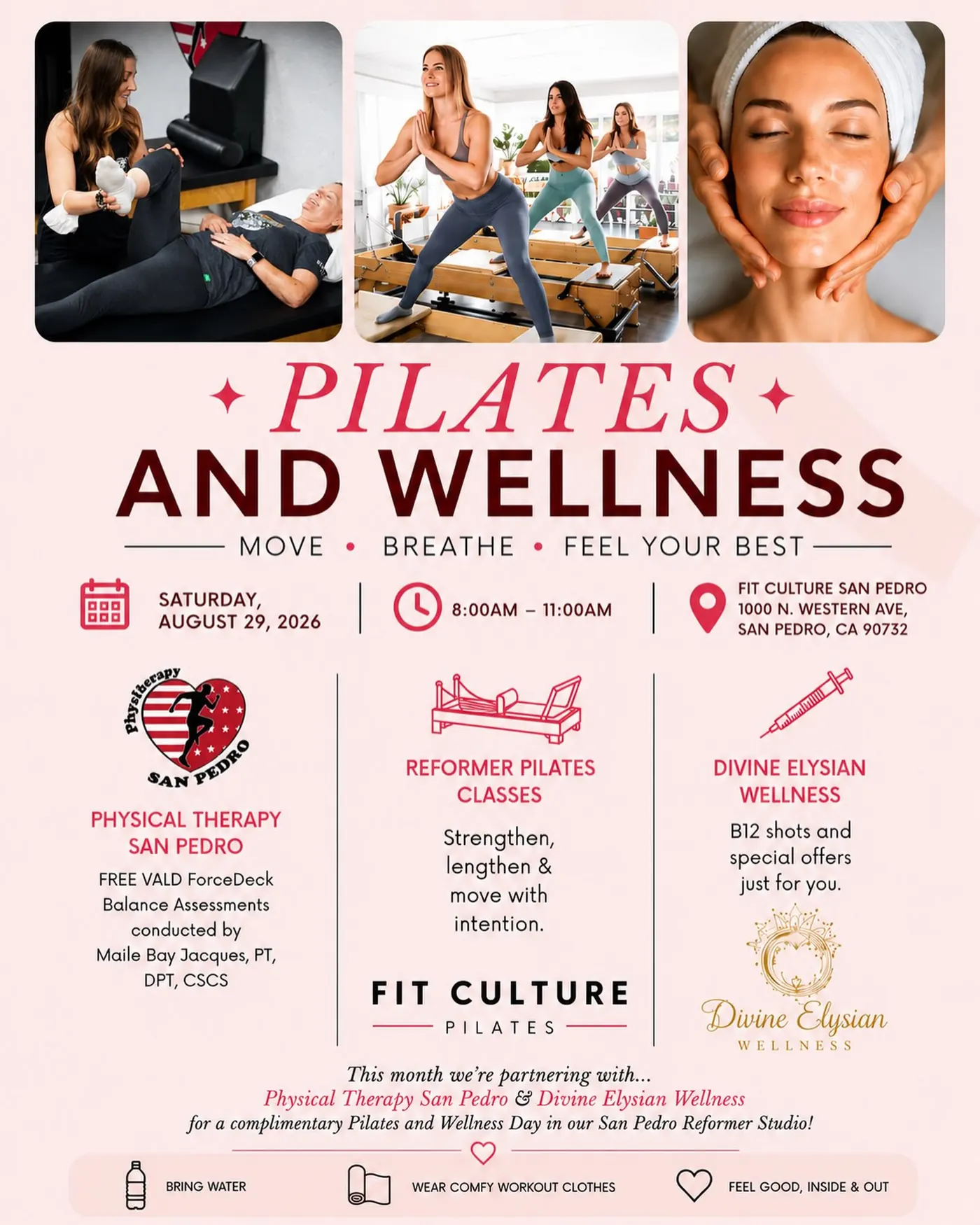 Pilates and wellness day at the San Pedro reformer studio on Saturday, August 29, with local wellness partners