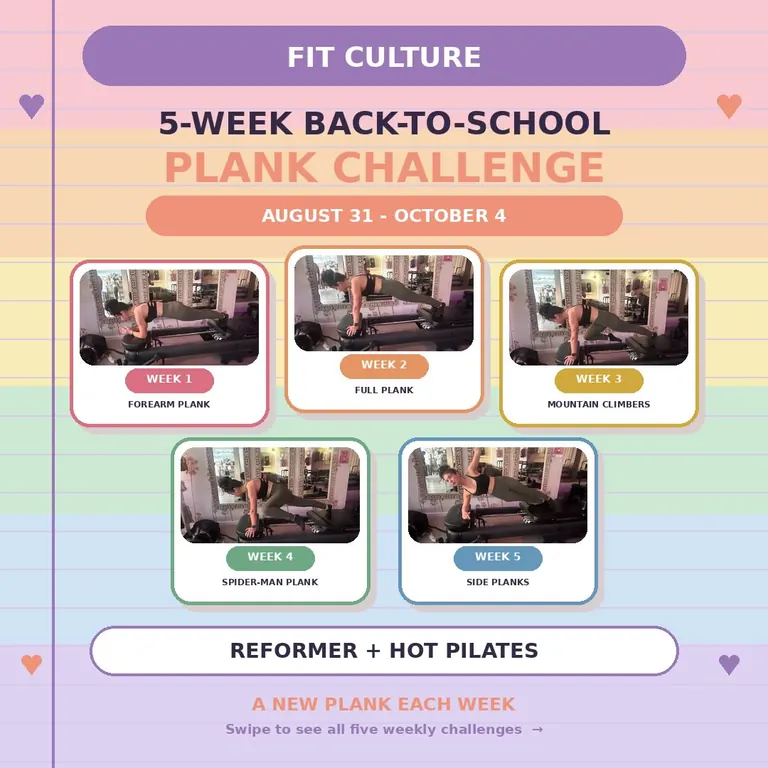 The five-week back-to-school plank challenge, August 31 to October 4, a new plank each week